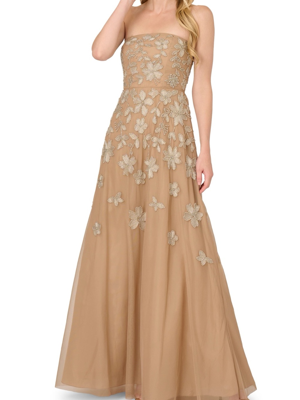 NWT Adrianna Papell Strapless Mesh Fit &Ballgown Champagne Floral Appliqué Gown